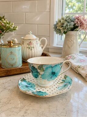 Grace's Teaware China Cup & Saucer Teal Blue HIbiscus w/Gold Dots!